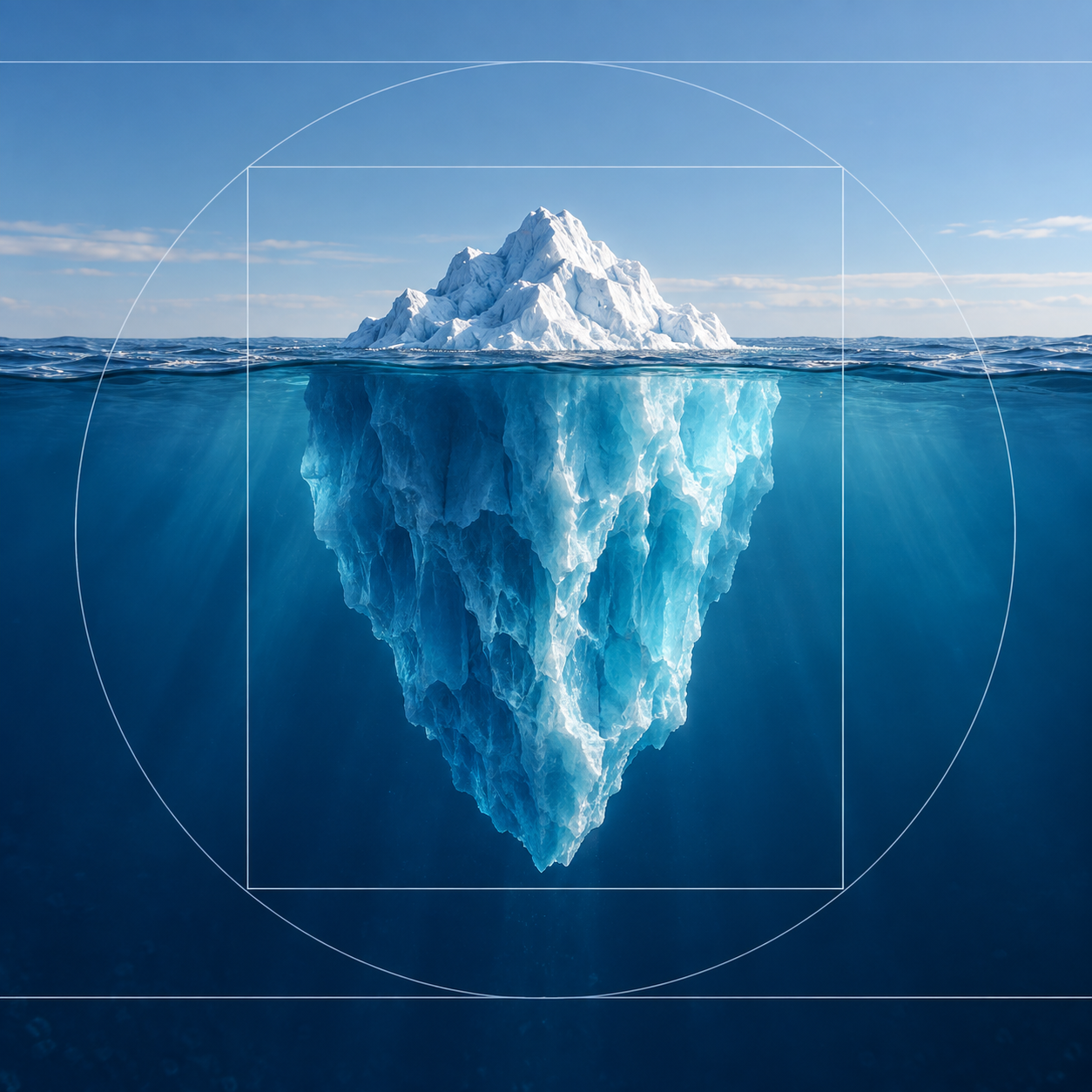 An iceberg photographed at the waterline, a small white peak above the surface and the far larger blue mass of ice below it.